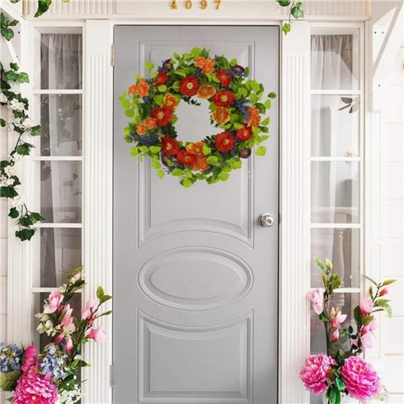 22 inch Artificial Spring Summer Wreaths for Front Door Poppy Wreath - Picture 2 of 8